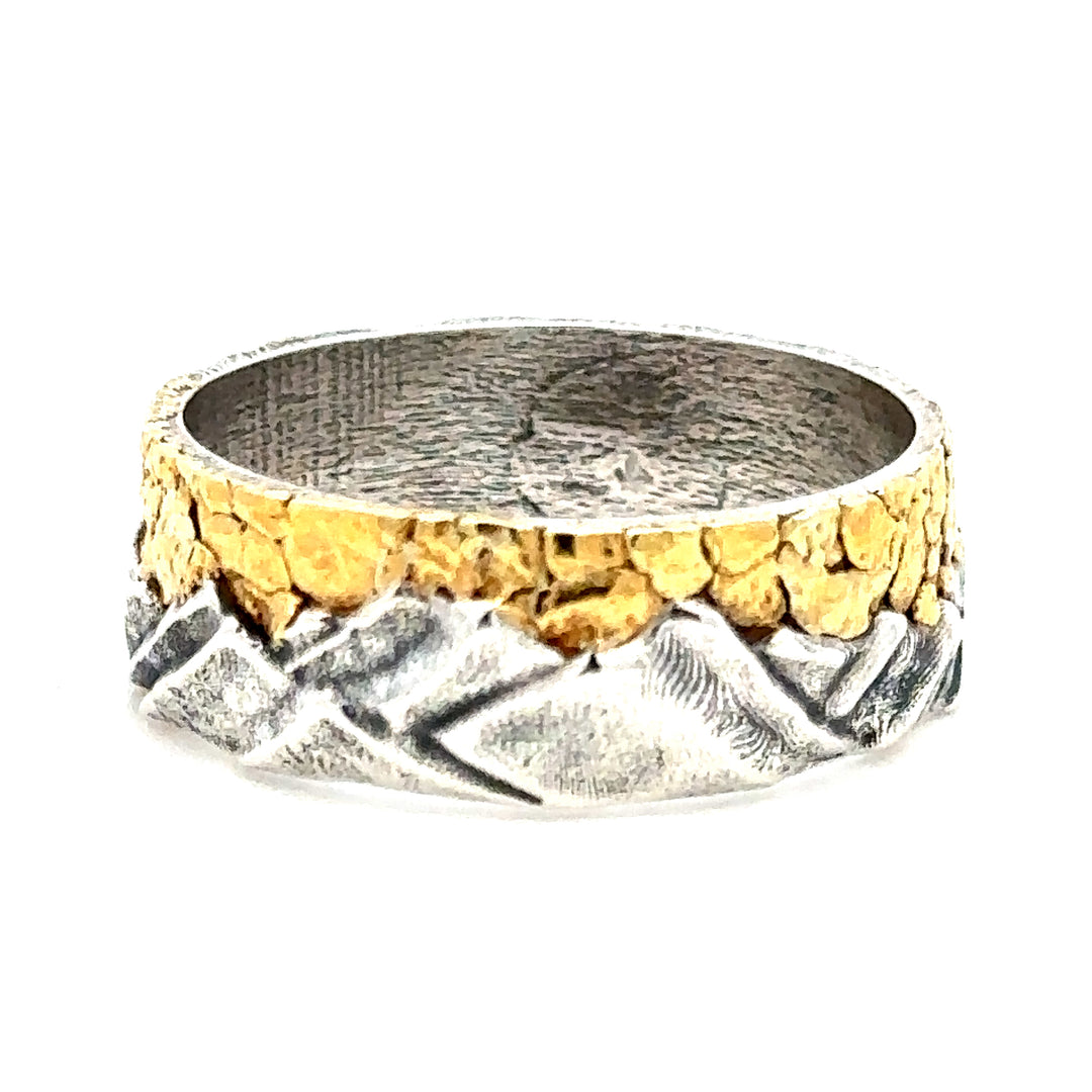 RM004 Mens Silver Mountain & Gold Nugget Sky Ring