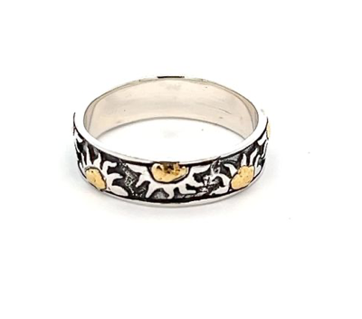 R02307  Silver Sun Ring Band with Alaskan Gold Nuggets