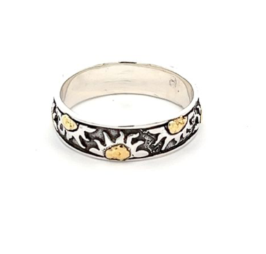 R02307  Silver Sun Ring Band with Alaskan Gold Nuggets