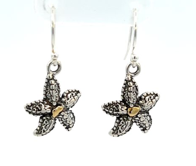EW026    Silver Star Fish with Alaskan Gold Nuggets Ear Wires
