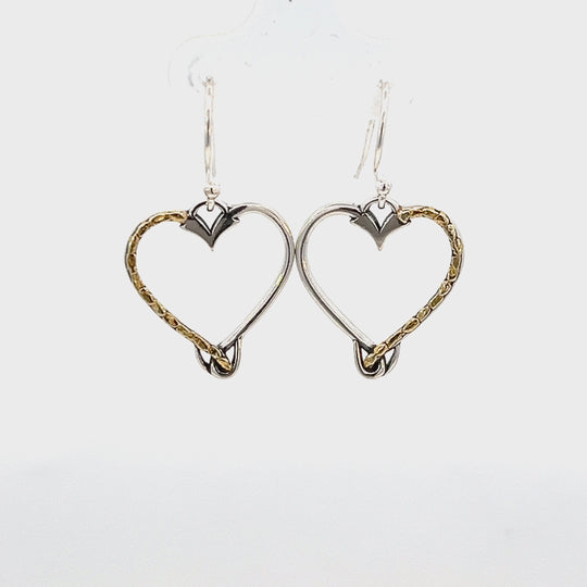 EW116 Silver Heart Dangle Earrings with Gold Nuggets