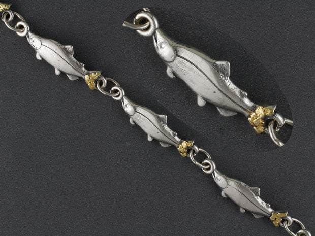 BR049  Salmon Silver Bracelet with Gold Nuggets