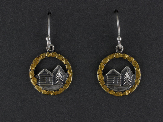EW125   Silver Small Cabin Ear Wires .925 with Alaskan Gold Nuggets