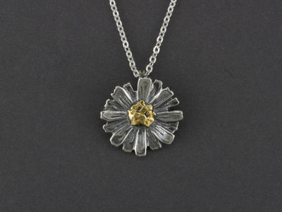 N088  Silver Flower Pendant with Alaskan Gold Nuggets in Center