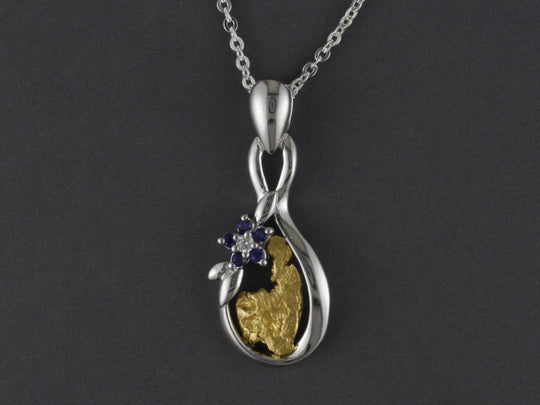 N814SCZ   Silver Forget-me-not Pendant with Nugget and CZ Flower with Alaskan Gold Nugget