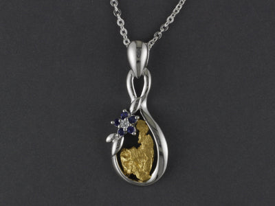N814SCZ   Silver Forget-me-not Pendant with Nugget and CZ Flower with Alaskan Gold Nugget
