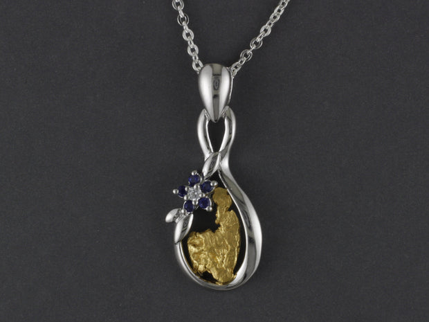 N814SCZ   Silver Forget-me-not Pendant with Nugget and CZ Flower with Alaskan Gold Nugget