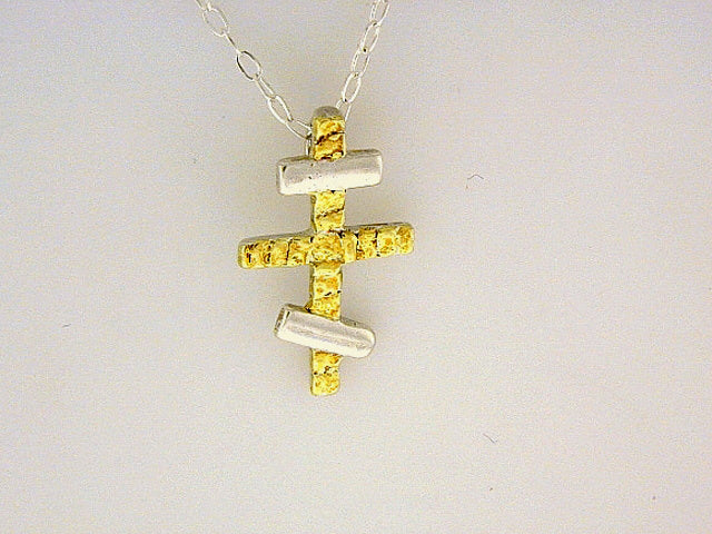 N020  Russian Cross Small Necklace .925 with Alaskan Gold Nuggets