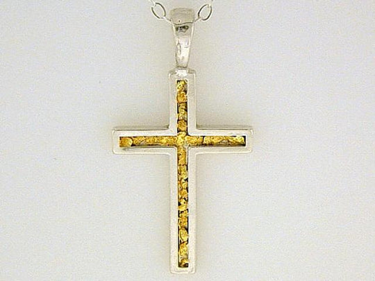 N032  Channel Cross pendant .925 with Alaskan Gold Nuggets