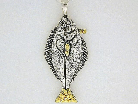 N034  Halibut pendant .925 with Alaskan Gold Nuggets
