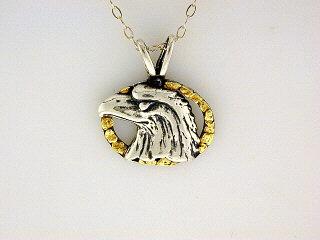 N036  Eagle Head Oval pendant .925 with Alaskan Gold Nuggets