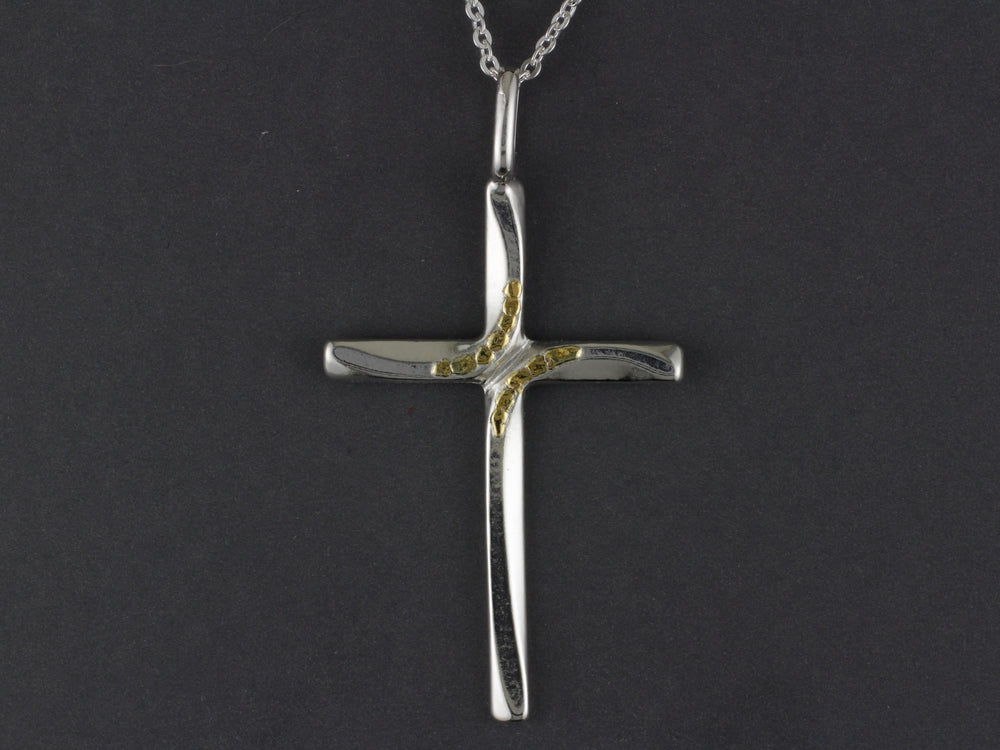N123  Large Silver Curve Cross with Alaskan Gold Nuggets