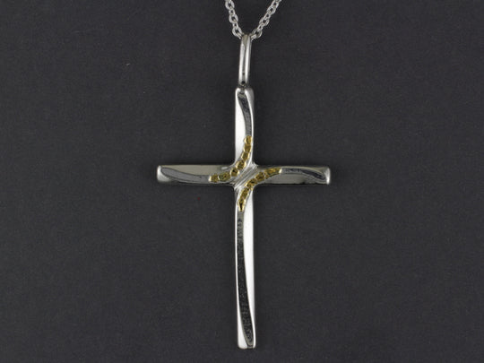 N123  Large Silver Curve Cross with Alaskan Gold Nuggets