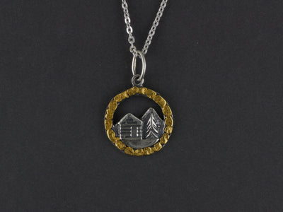 N138   Tiny Silver Alaskan Cabin Pendant Circled with Gold Nuggets