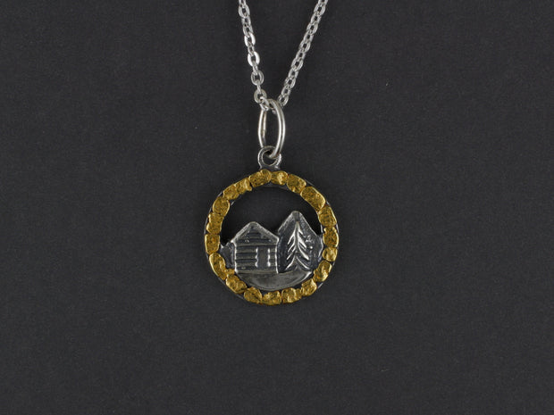 N138   Tiny Silver Alaskan Cabin Pendant Circled with Gold Nuggets