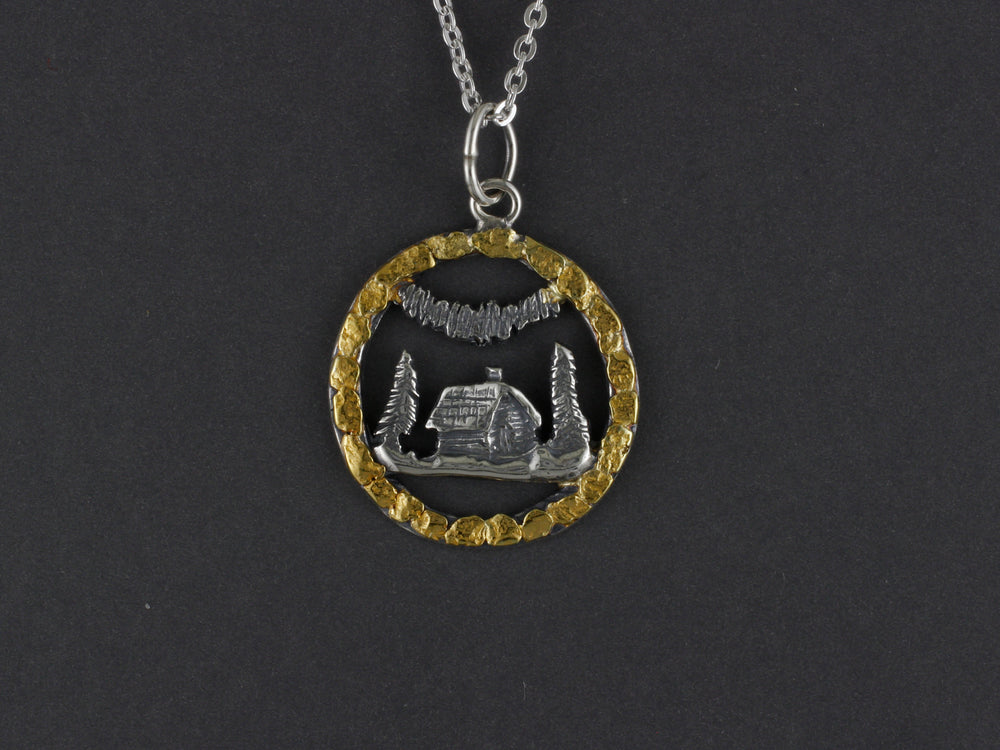 N139  Silver Medium Northern Lights Alaskan Cabin Pendant Circled with Nuggets