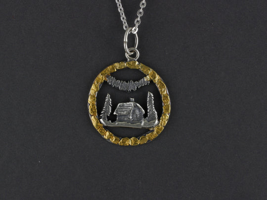 N139  Silver Medium Northern Lights Alaskan Cabin Pendant Circled with Nuggets