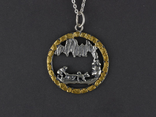 N140  Large Silver Aurora Dog Team Musher Pendant Circled with Gold Nuggets