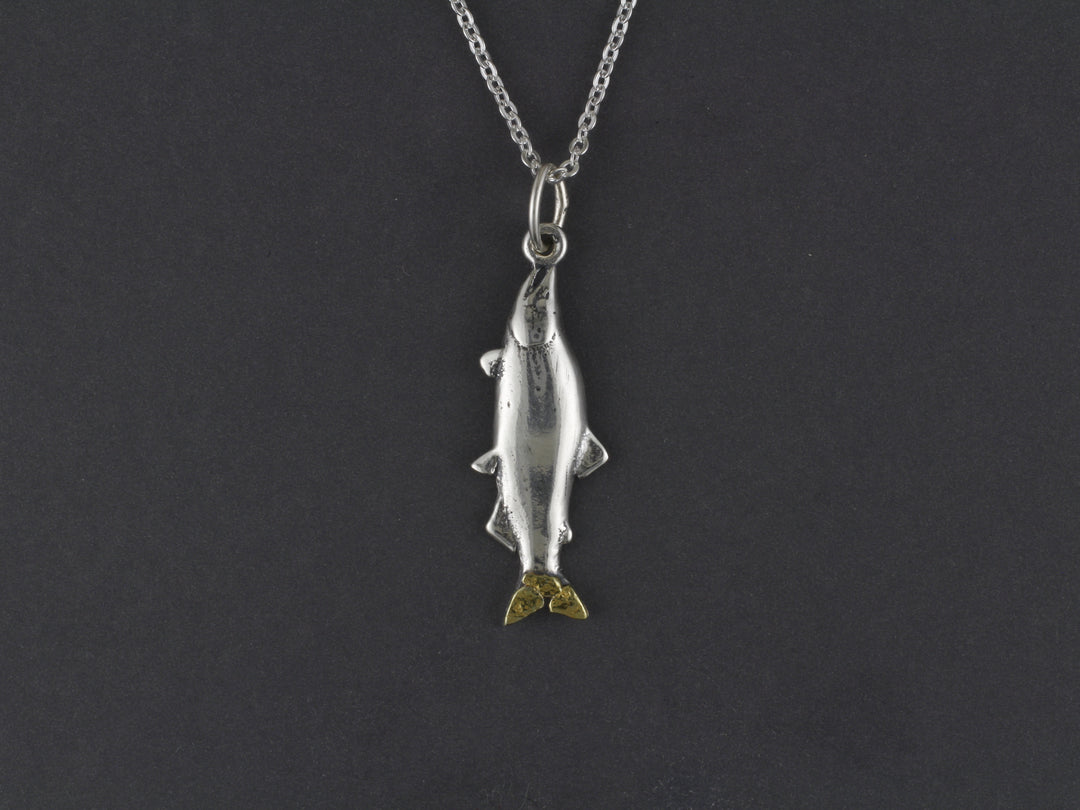 N192Med  Medium Silver Salmon Pendant with Gold Nugget Tail