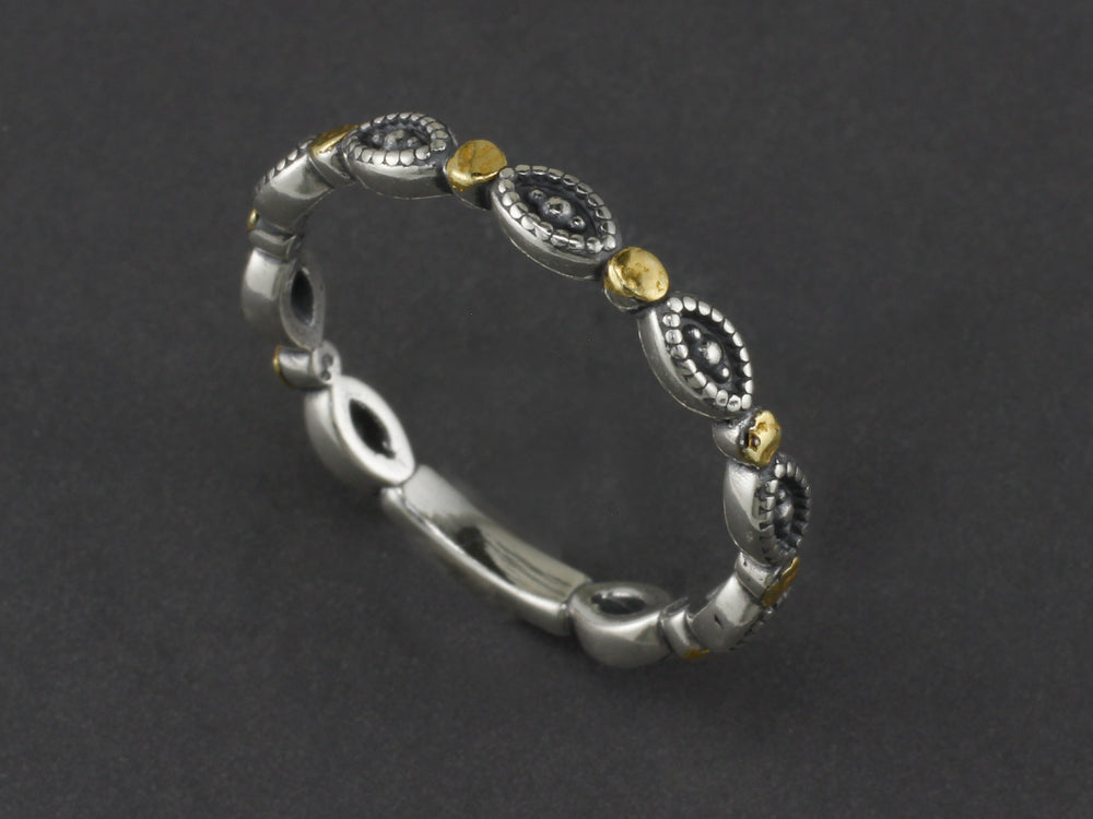 R011 Silver Stackable Eye Design Dot Ring .925 with Alaskan Gold Nuggets