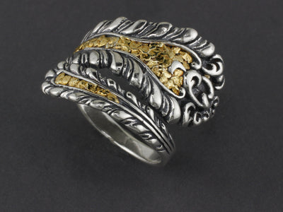 R02945  Silver Adjustable Spoon Ring highlighted with Natural Gold Nuggets