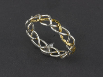 R03608   Delicate Silver Braided Wire Ring with Gold Nuggets