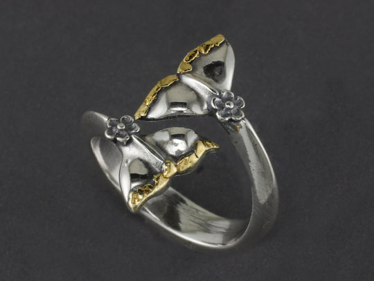 R076  Silver Forget-me-not Whale Tail Adjustable Ring with Nuggets