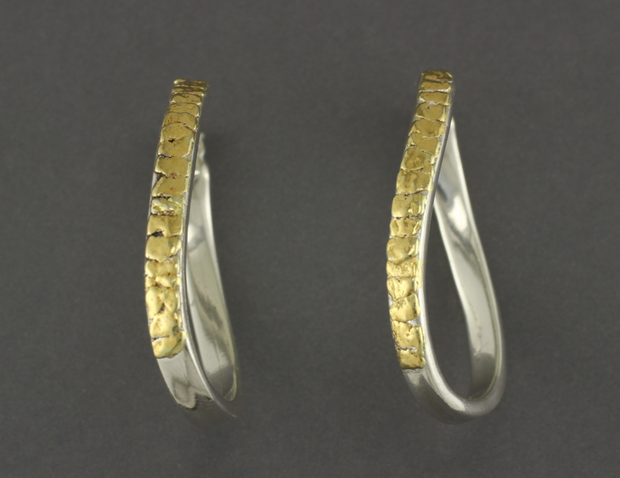 EP455  Swirl Silver Hoops Clip with Alaskan Gold Nuggets