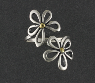 R02583  Big 2 Flower Adjustable Silver Ring
