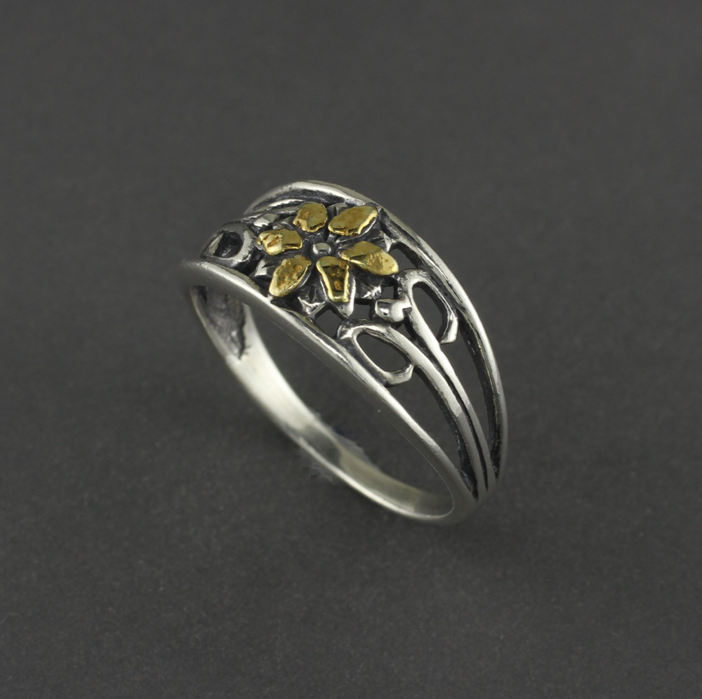 R02272  Flower Cluster Silver Ring with Alaskan Gold Nuggets