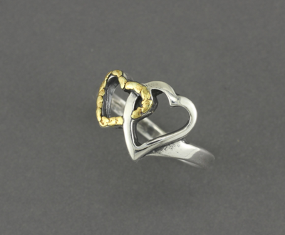 R176  Double Heart Silver Ring with Alaskan Gold Nuggets