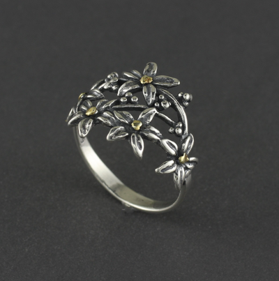 R03005  Flower with Vine Silver Ring