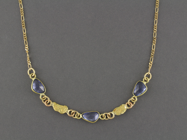 NC25  Blue Sapphire Wrapped with 18kt & Nuggets 14kt Chain