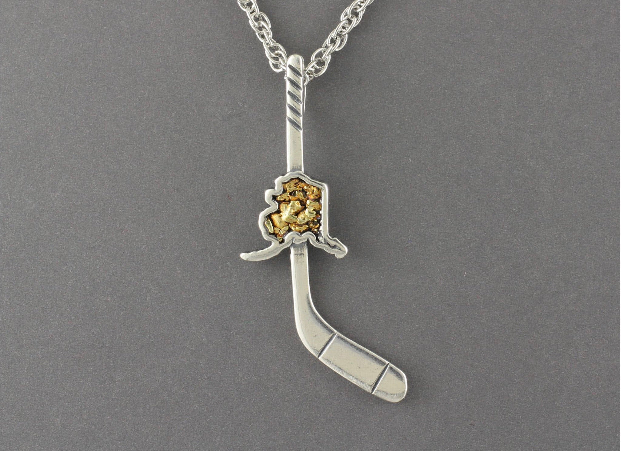 N530. Hockey Stick Pendant with State of Alaska Fishing For Gold