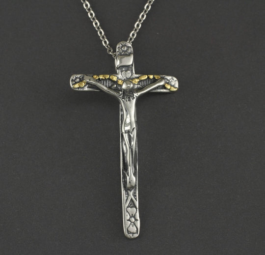 N189  Grand Cross with Christ Necklace .925 with Alaskan Gold Nuggets
