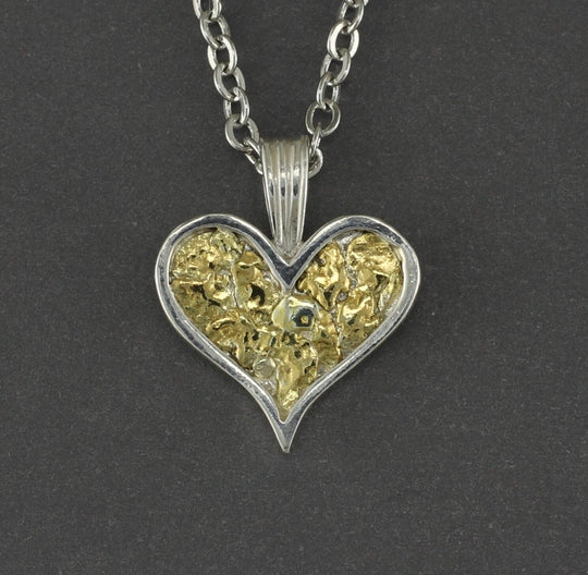 N199  Necklace Channel Heart  .925 with Alaskan Gold Nuggets
