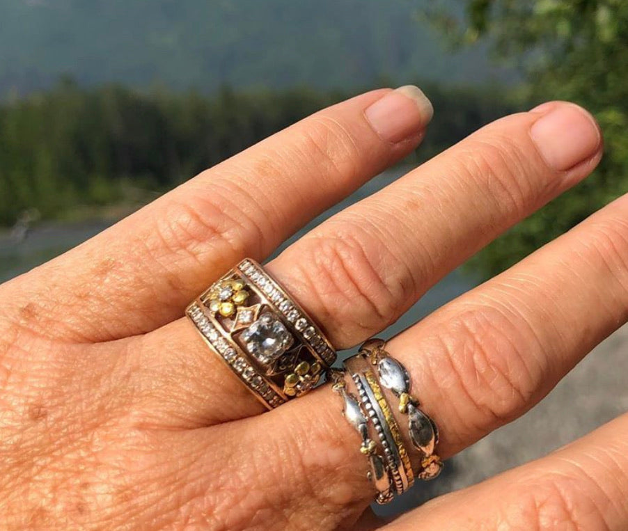 R178-7   Salmon Stackable Silver Ring highlighted with Gold Nuggets