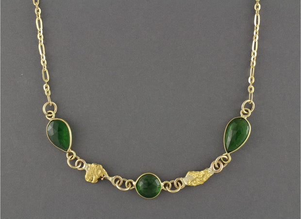 NC32  Green Diopside Wrapped with 18kt & Nuggets 14kt Chain