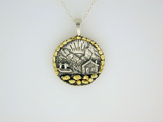 N044ALL   Cabin Silver Pendant with Lots of Gold Nuggets